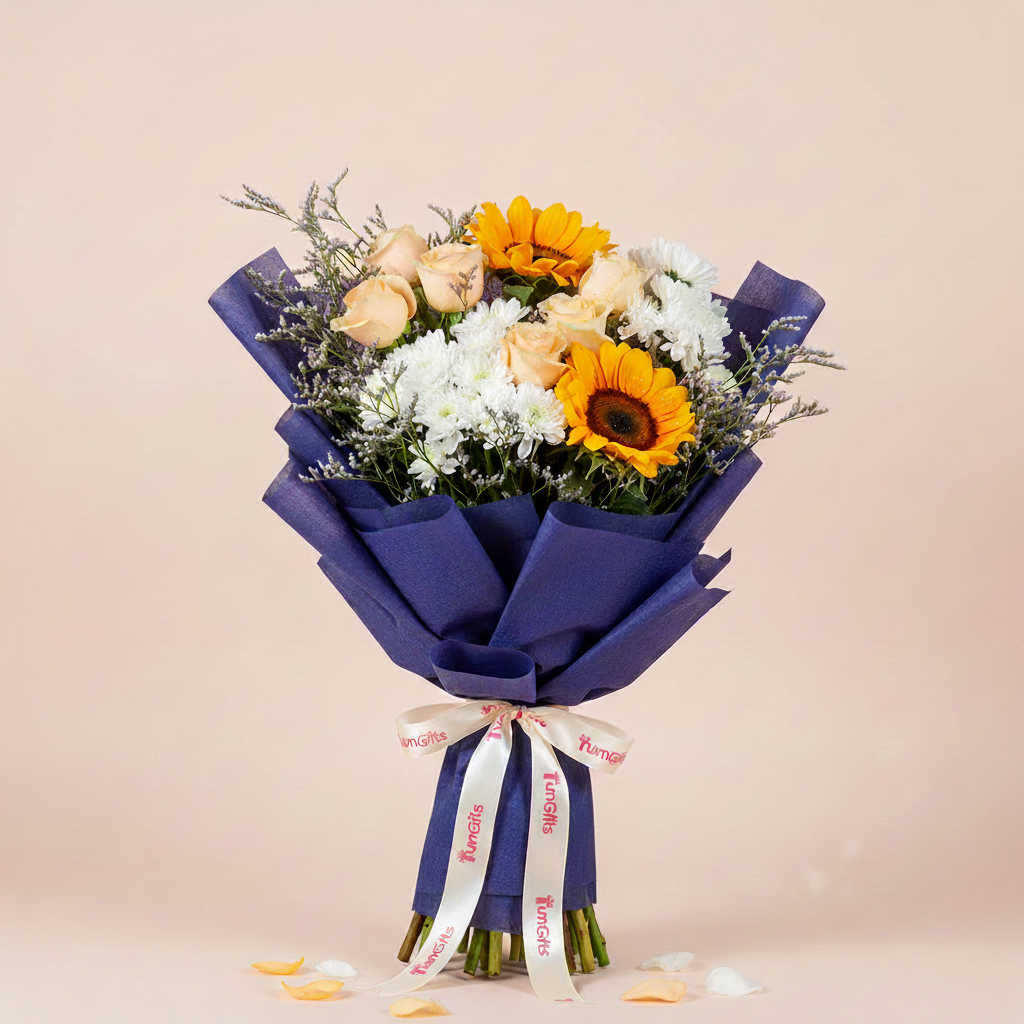 Radiant Sunflower & Peach Rose Bouquet